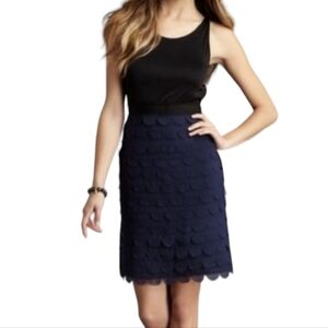 BCBGMaxazria Silk Cocktail Dress Knit Upper Black Blue Scallop Quiet Luxury